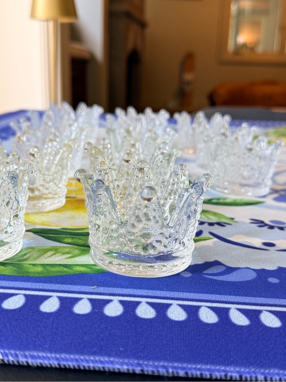 Glass Crown Mahjong Dice Dish or could be a candle  votive holder. 13 pieces